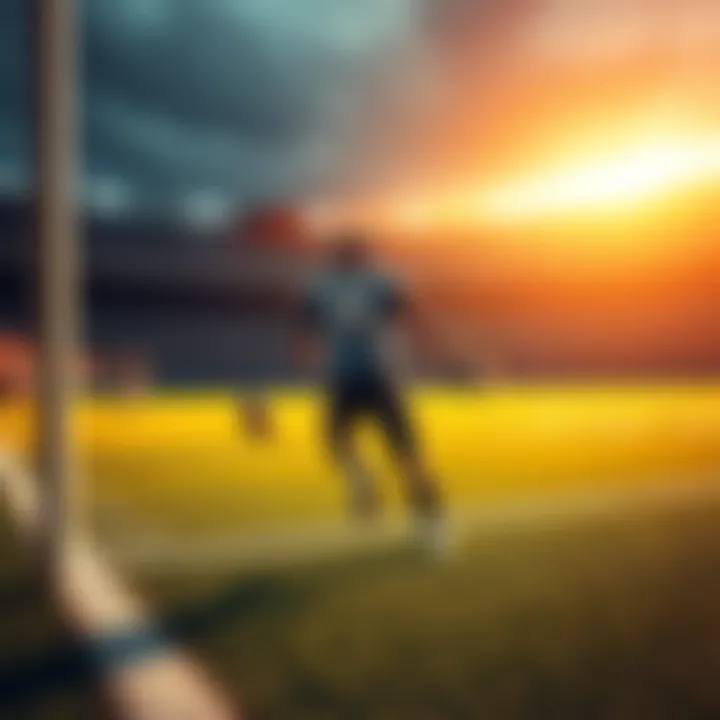 A football player runs toward the end zone, reaching for a touchdown as defenders close in.