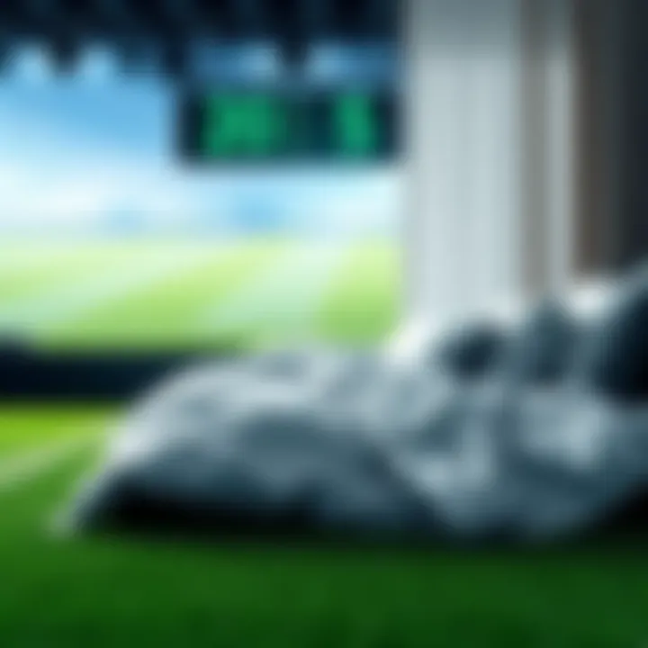 A football field with a scoreboard showing correct scores, alongside a neatly made bed with fresh linens