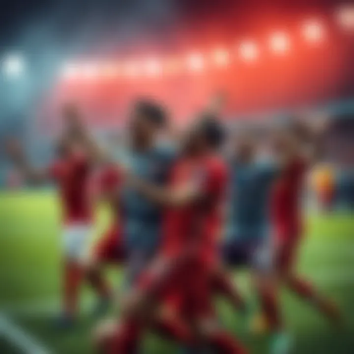 Players from different football teams celebrating after scoring field goals during a game