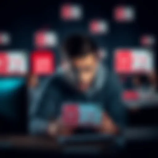 A person looks frustrated while trying to buy football tickets on a computer, surrounded by ticket sale notifications.