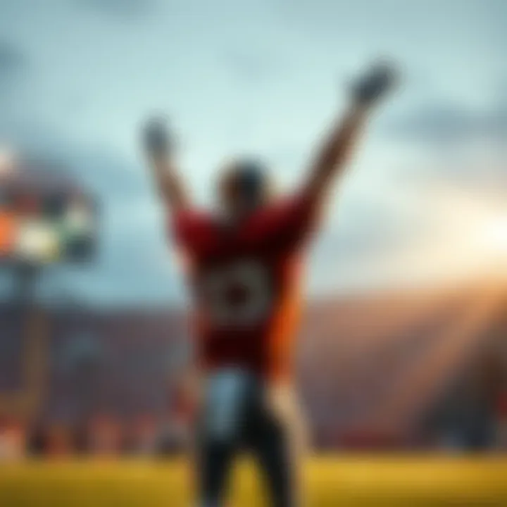 A football player celebrating a touchdown, raising arms in victory on the field.