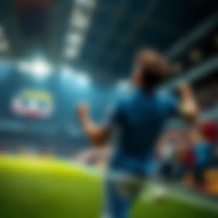 A football player celebrating a goal, with fans cheering in the background and a vibrant stadium atmosphere.