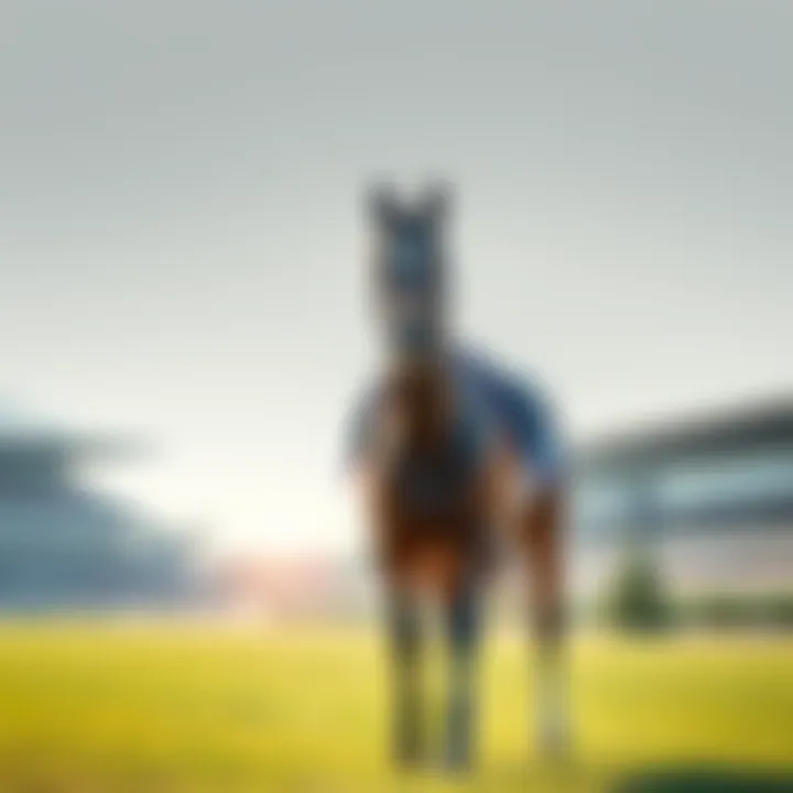 Forever Young, the Horse of the Year, stands proudly with a backdrop of a racetrack, symbolizing his upcoming international career after a strong finish at the Dubai World Cup.