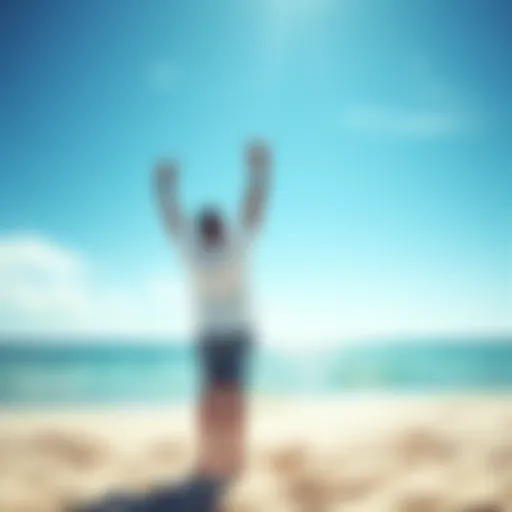 A person standing on a sunny beach, arms raised in celebration, symbolizing freedom from gambling addiction