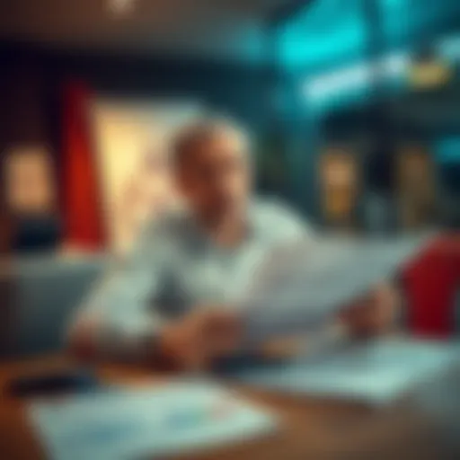 A former gambler sits at a table with tax forms and a calculator, looking concerned as he reviews his finances.