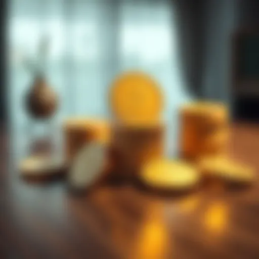 A collection of shiny gold Fortune Coins stacked on a wooden table, reflecting light and showcasing their distinct designs