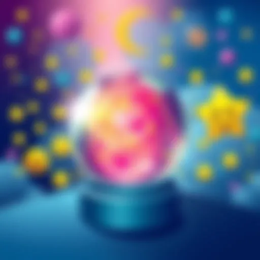 A colorful illustration of a crystal ball surrounded by positive symbols like stars and smiling faces, representing luck and happiness for the day.