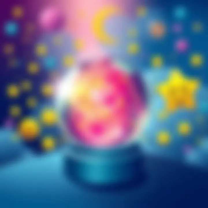 A colorful illustration of a crystal ball surrounded by positive symbols like stars and smiling faces, representing luck and happiness for the day.