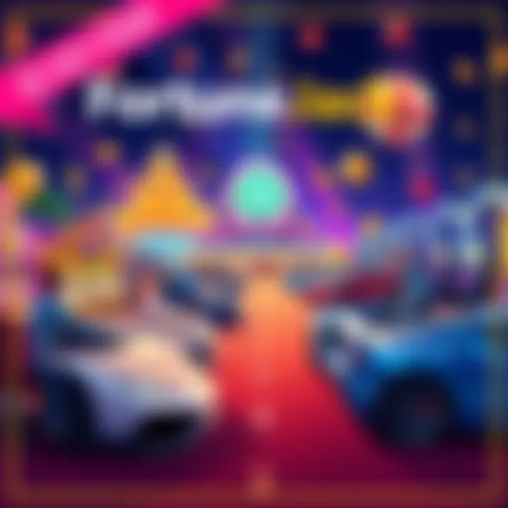 A vibrant illustration of a casino scene with players enjoying games, luxury cars, cash prizes, and free spins, showcasing the excitement of the FortuneJack March promotion.