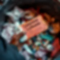 A hand holding an unused lottery scratch-off ticket found in a trash can alongside crumpled paper and scraps