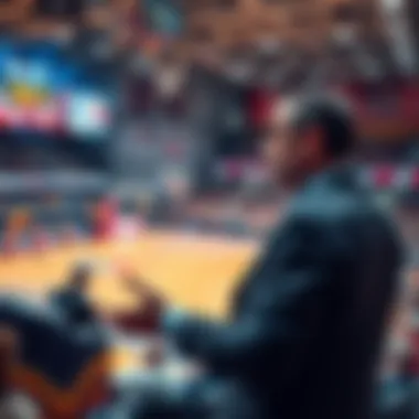 A basketball game scene with four bets highlighted, showing strategies and a confident bettor analyzing the game.