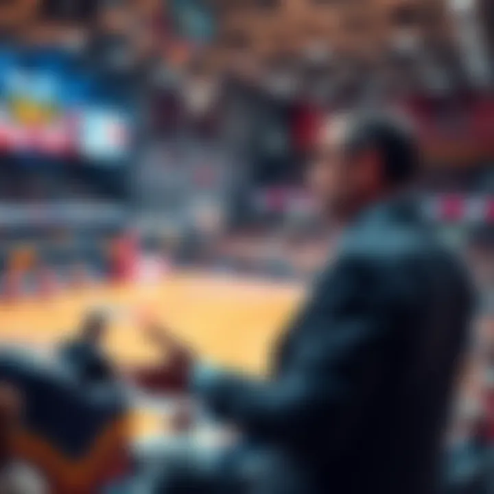 A basketball game scene with four bets highlighted, showing strategies and a confident bettor analyzing the game.