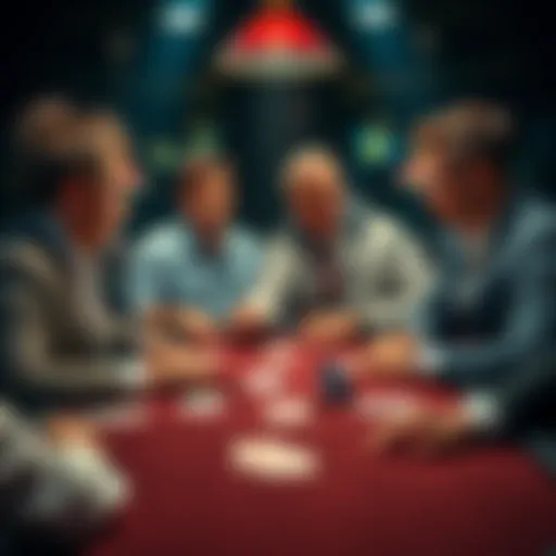Four distinct personalities at a blackjack table, showing varied expressions and behaviors: the strategist, the chaos player, the coach, and the lucky player.