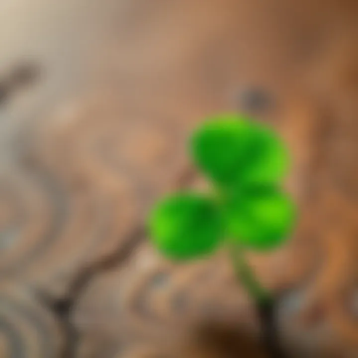 A bright green four-leaf clover on a wooden surface, representing good fortune and happiness.