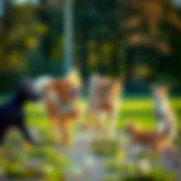 A variety of four-legged animals including a dog and a cat playing together in a park