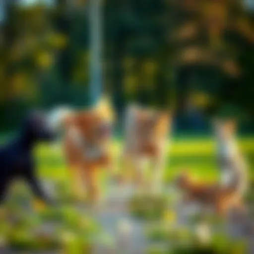 A variety of four-legged animals including a dog and a cat playing together in a park