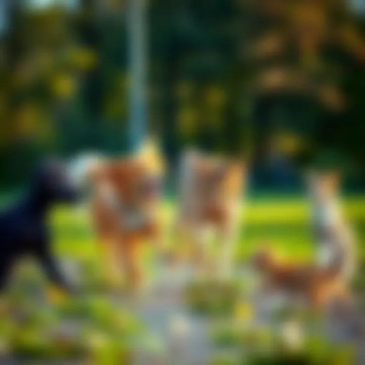 A variety of four-legged animals including a dog and a cat playing together in a park