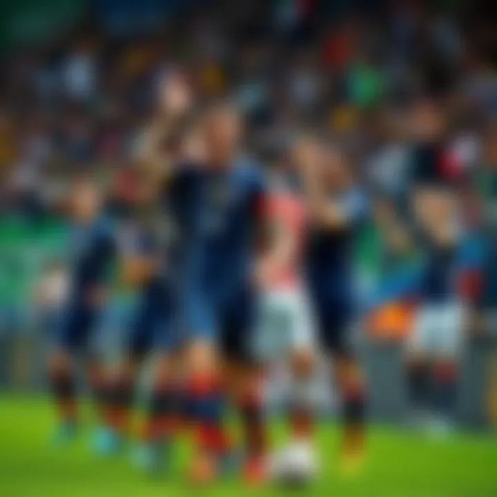 French soccer players celebrating a goal during the World Cup semifinals, fans cheering in the background