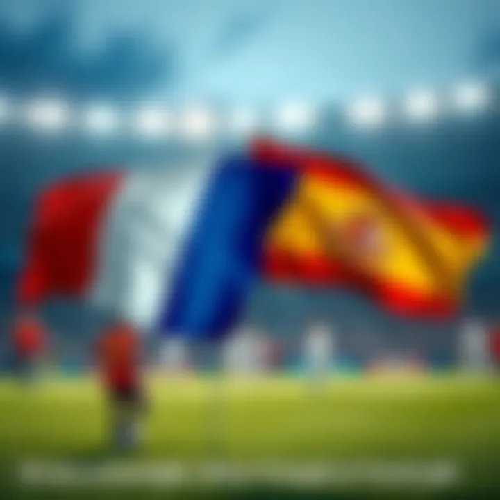 Flags of France and Spain displayed during a soccer match, symbolizing their rivalry and competition in the World Cup semifinals