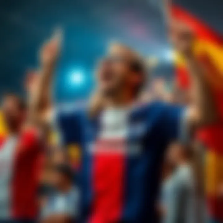A passionate fan cheering for France during the World Cup final against Spain, wearing a French jersey and holding a flag.