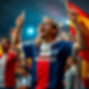 France vs Spain Final Match A passionate fan cheering for France during the World Cup final against Spain, wearing a French jersey and holding a flag.