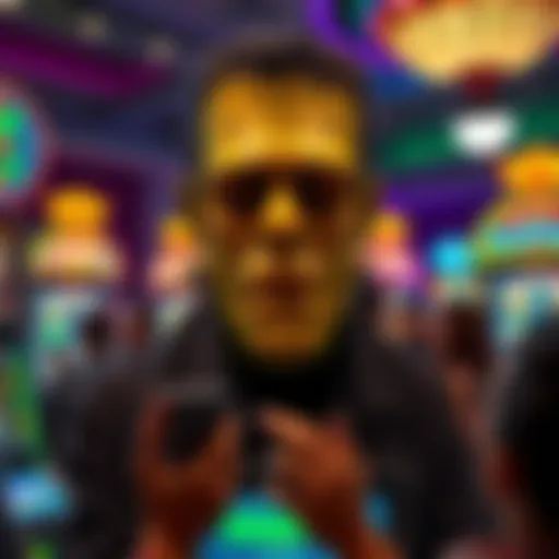 A vibrant Frankenstein-themed slot machine with colorful graphics and lights, surrounded by excited players in a casino setting