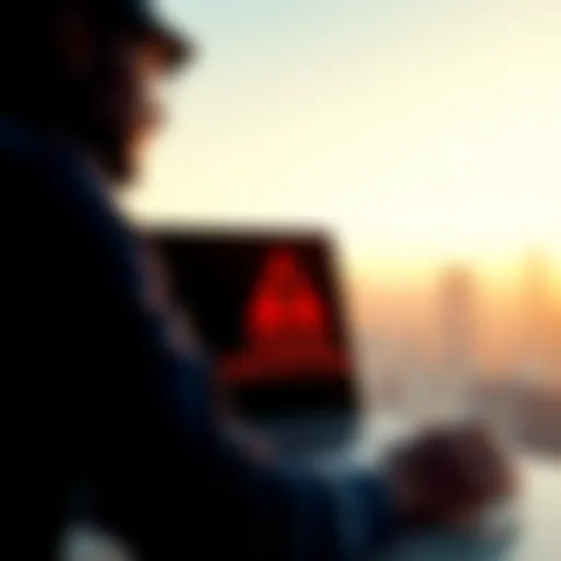 A person looking at a laptop with a warning sign about fraud protection