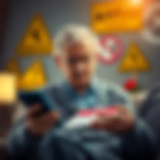 A concerned elderly person looks at a fraudulent offer on a tablet, surrounded by warning signs and symbols of caution.