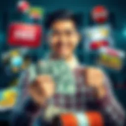 A person holding cash with a happy expression, surrounded by images of bonuses and offers