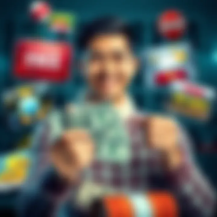 A person holding cash with a happy expression, surrounded by images of bonuses and offers