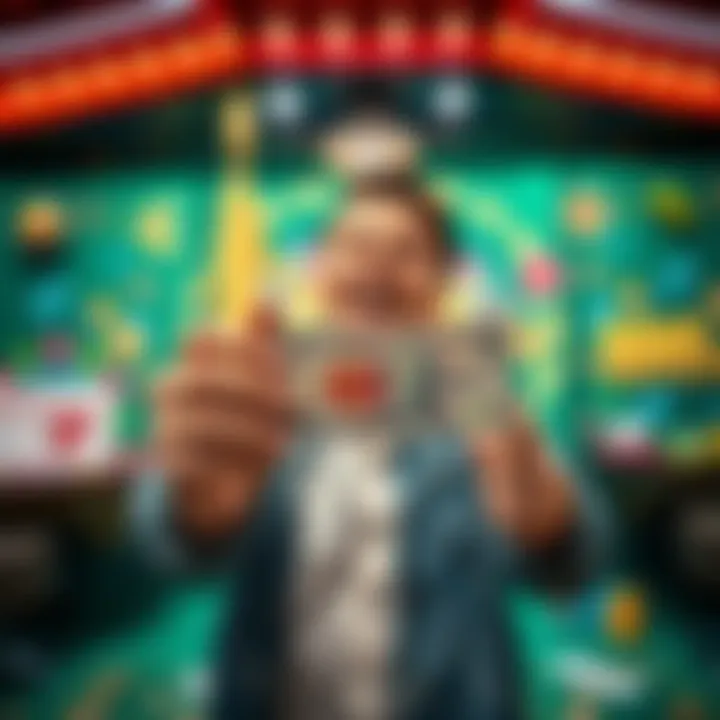 A person excitedly holding a $10 bill with a casino background and gaming symbols