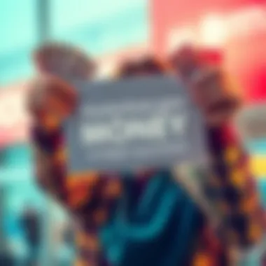 A person excitedly holding money with a sign that says 'Free Money on Mondays' in a bright setting.