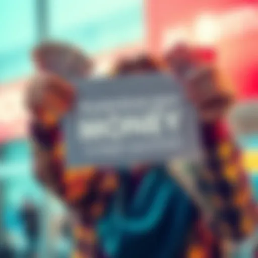 A person excitedly holding money with a sign that says 'Free Money on Mondays' in a bright setting.