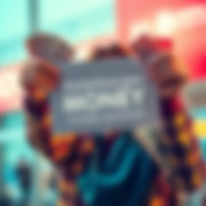 A person excitedly holding money with a sign that says 'Free Money on Mondays' in a bright setting.