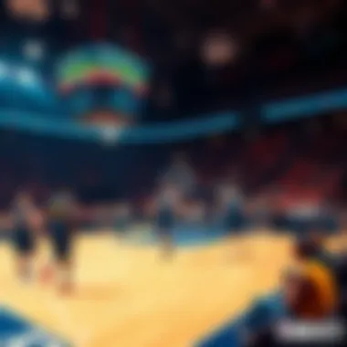 Basketball players on the court during an exciting game with fans cheering in the stands