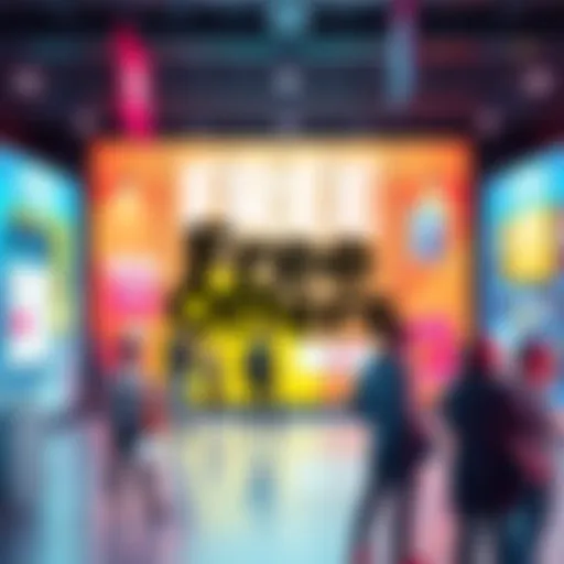 A colorful banner showcasing various free offers and discounts available, with people looking at deals on their devices.