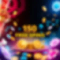 An advertisement showcasing 150 free spins with a casino theme, highlighting a $20 deposit and instant withdrawal of winnings.