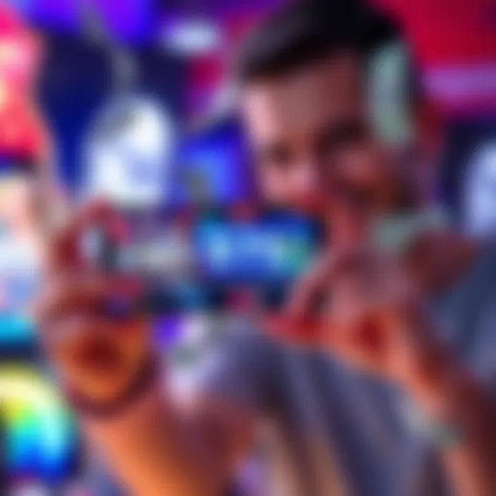 A person holding a smartphone displaying a gaming app while smiling, with dollar bills in the background, indicating free cash for gaming.