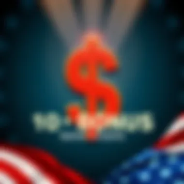 A graphic showing a large dollar sign with text promoting a free 10 dollar bonus for US citizens, with a patriotic theme featuring the US flag.