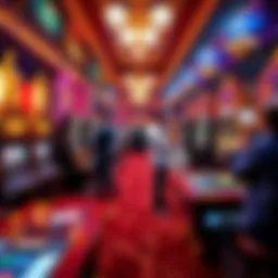 A vibrant scene showing slot machines and gaming tables in Caesars Palace with bright lights and players enjoying their time