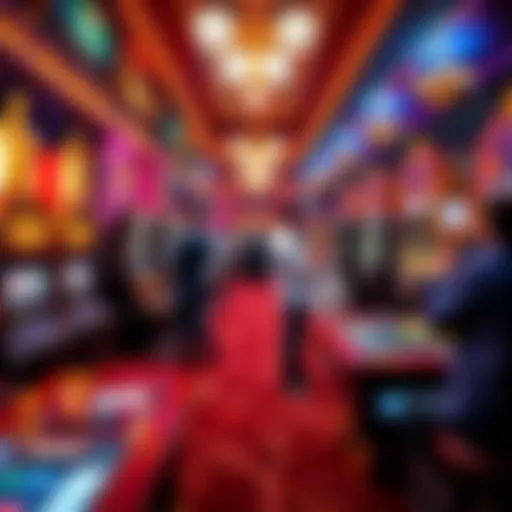 A vibrant scene showing slot machines and gaming tables in Caesars Palace with bright lights and players enjoying their time