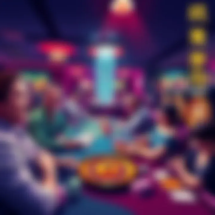 Colorful depiction of people playing at a crypto casino with slots and poker games, showcasing excitement and fun.