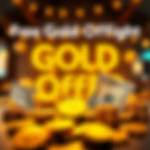 Promotional graphic for a free gold offer event featuring gold coins and dollar bills