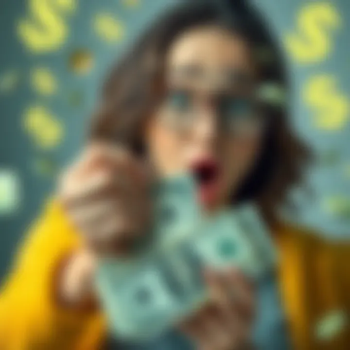 A person holding cash with a surprised expression, surrounded by floating dollar signs, symbolizing the idea of getting free money.