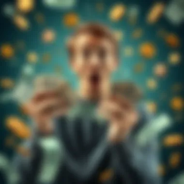 Free Money Concept A person holding cash with a surprised expression, surrounded by symbols of money such as coins and bills, illustrating the idea of receiving free money.
