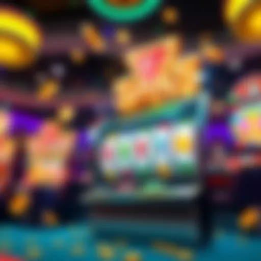 A vibrant casino scene showing a slot machine with free spins icons and coins, depicting excitement around no deposit bonuses