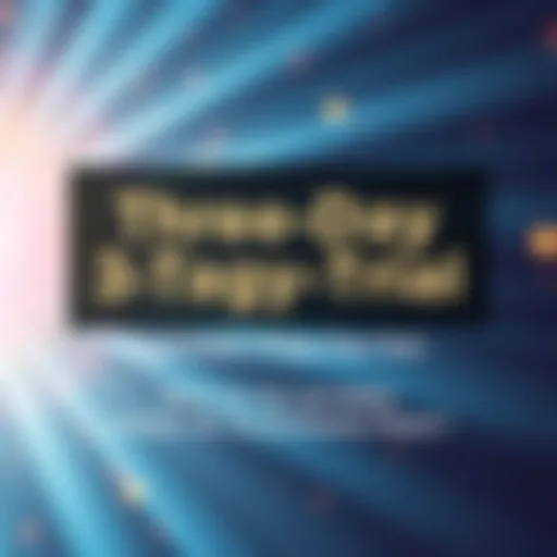 A graphic showcasing a bright background with text promoting a free three-day trial, inviting people to sign up. The design has elements of excitement and opportunity.