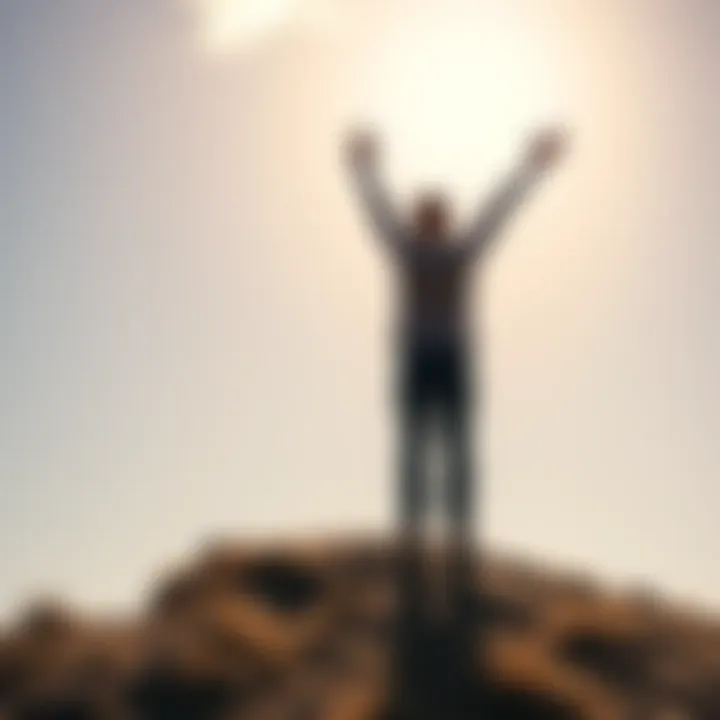 A person standing on a hilltop with arms raised, symbolizing liberation from gambling addiction, surrounded by a clear sky and bright sunshine.