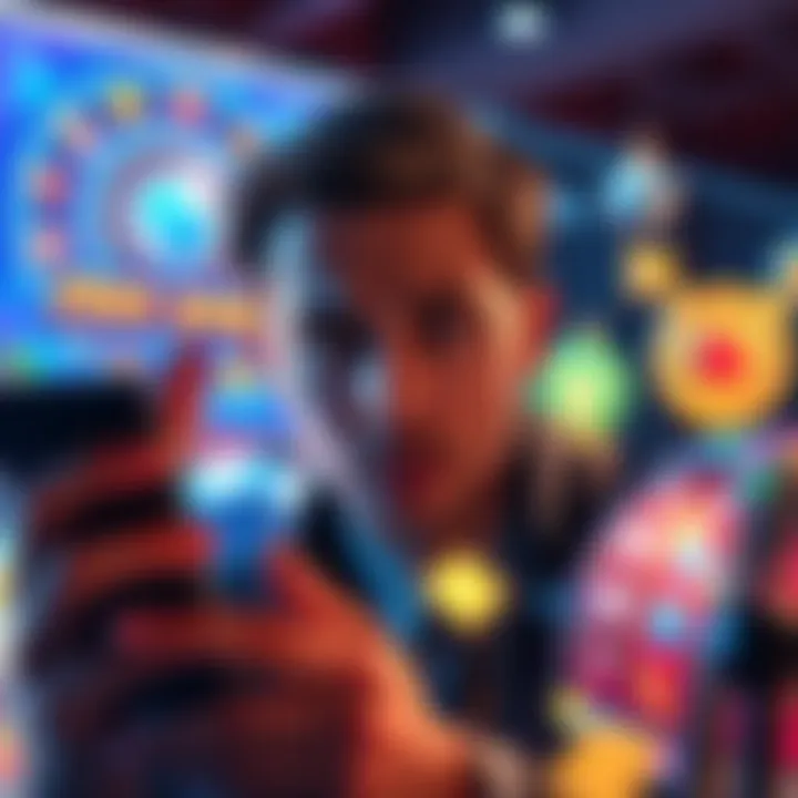 A person looking frustrated while trying to use free spins on a gaming app, with visual elements representing gaming challenges in the background.
