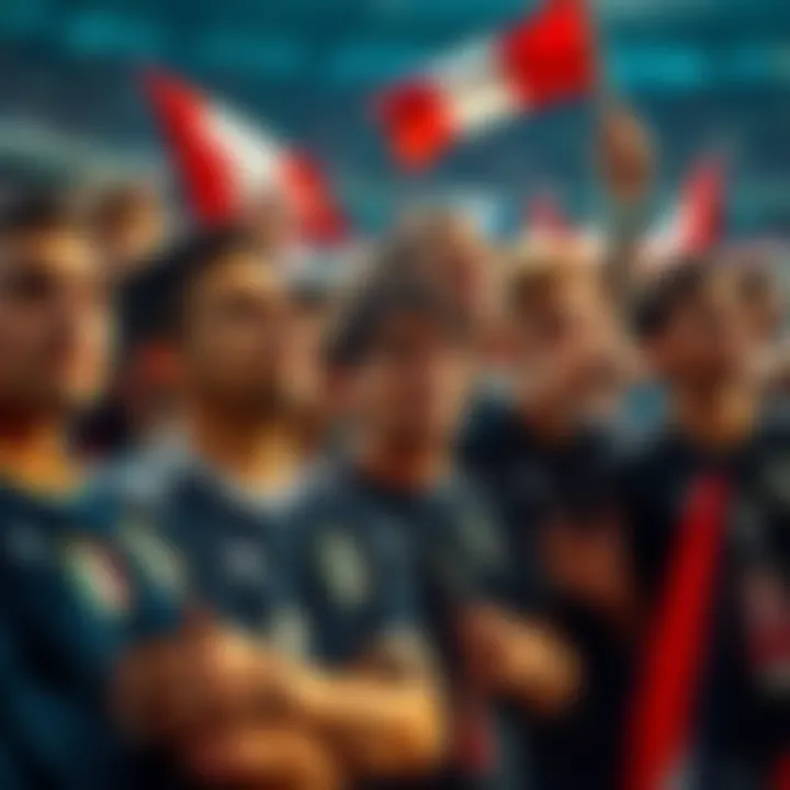 French football fans show disappointment Group of French football fans with sad expressions after a crucial match, wearing team jerseys and holding flags.